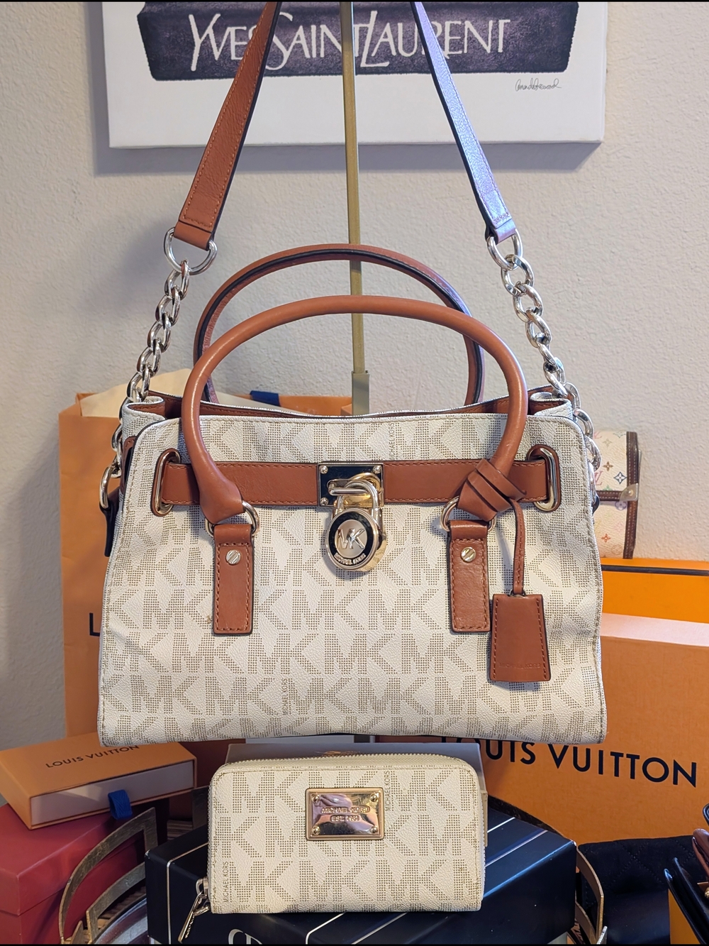 Michael Kors Beige Logo Satchel with Brown Trim & Matching Wallet